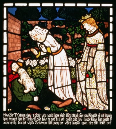 Sir Tristan on tunnustettu Isolde The Fair -koiralta, The Story of Tristan and Isolde, William Morris und Co. (lasimaalaus) tekijältä William Morris